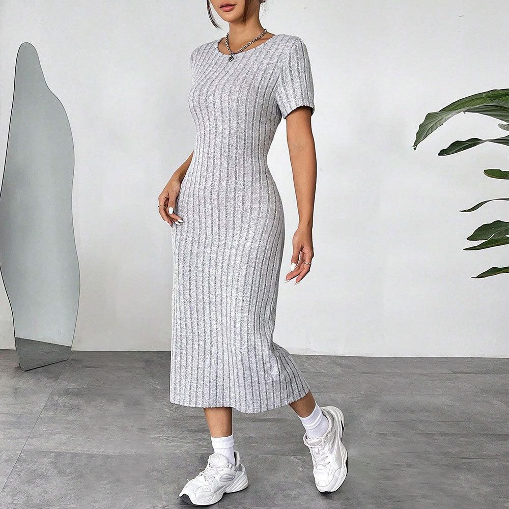 

Simple Casual Style Dress Summer Solid Color Slim Design Long Skirt S сірий колір