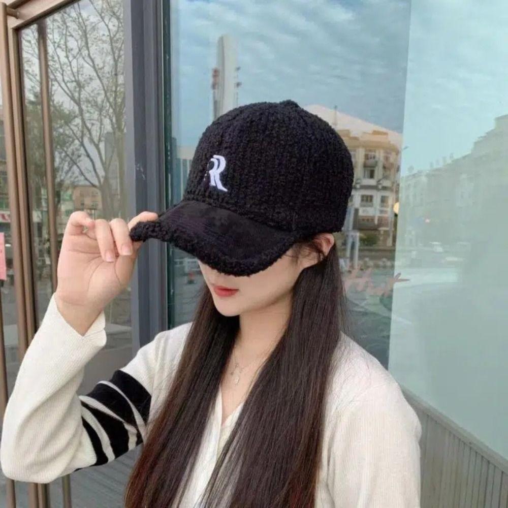 Letters Winter Baseball Cap Double R Plush Peaked Cap Fashion Lamb Wool Hat  Sports