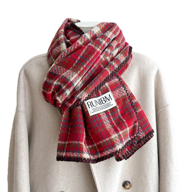 Retro plaid scarf women's autumn and winter new lock edge Korean version thickened warm scarf couple Korean dual-purpose shawl