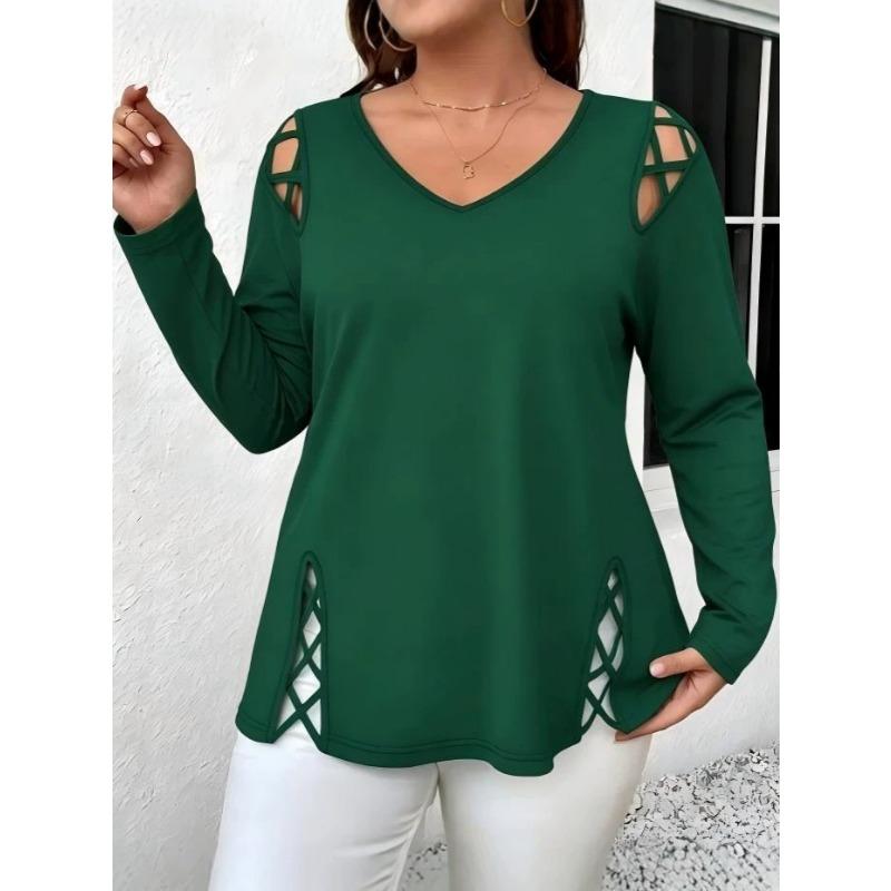 Women Plus Size Casual V Neck Long Sleeve Cross Hollow Out T Shirt Top