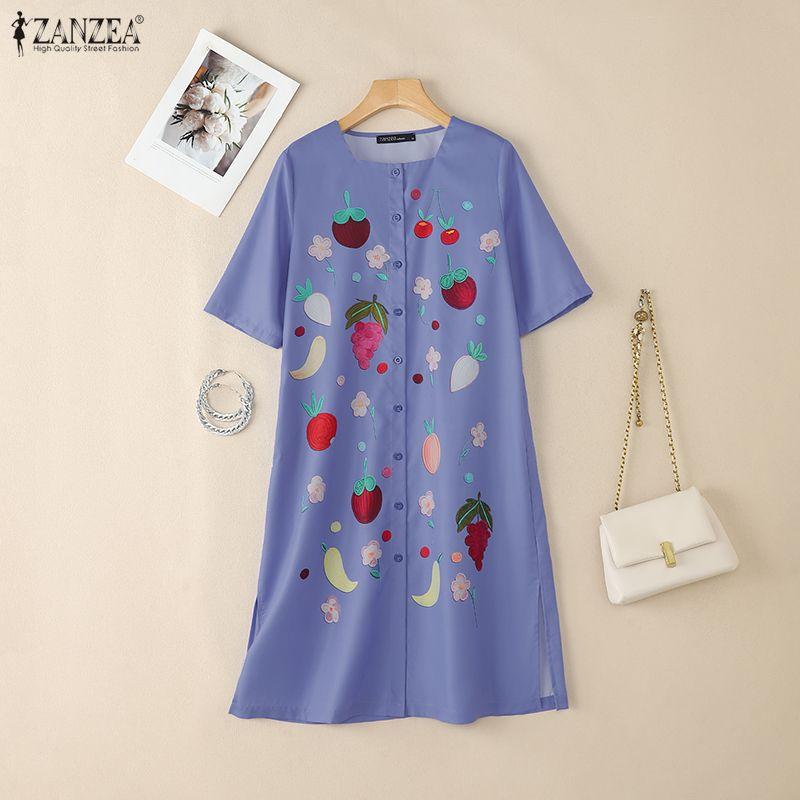 ZANZEA Women Square Collar Casual Short Sleeve Summer Print Dress