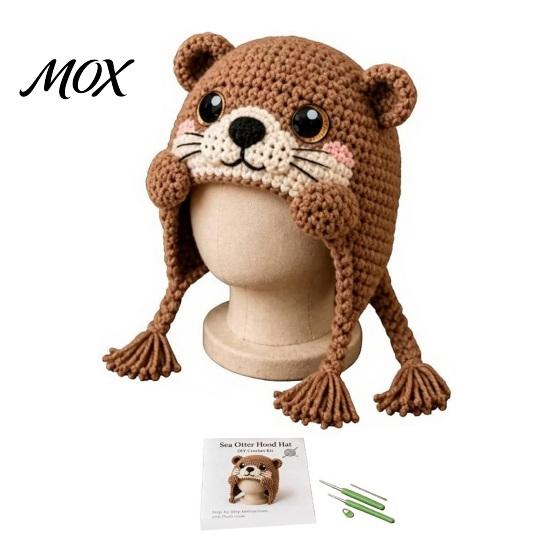 Animal Hat Knitting Set Hood Crochet Kit, DIY Earflap Learn to Kit Cute Craft for Beginners, Handmade Winter Headwear Complete Yarn