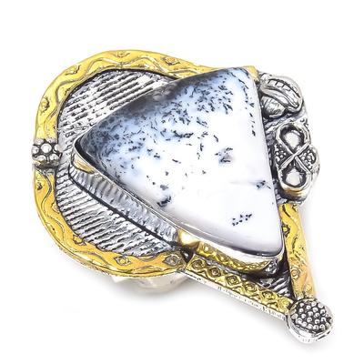 Natural Dendrite Opal Gemstone 925 Sterling Silver Two Tone Ring Size 8 O4t75