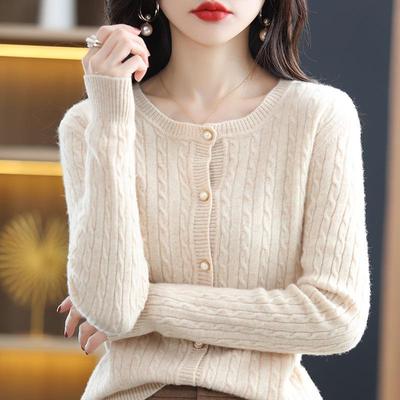 Women's Fashion Pure Wool Round Neck Cardigan - Versatile Autumn & Winter Cashmere Knitwear Sweater