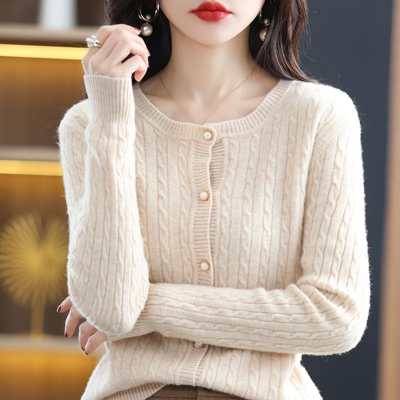 Women's Fashion Pure Wool Round Neck Cardigan - Versatile Autumn & Winter Cashmere Knitwear Sweater