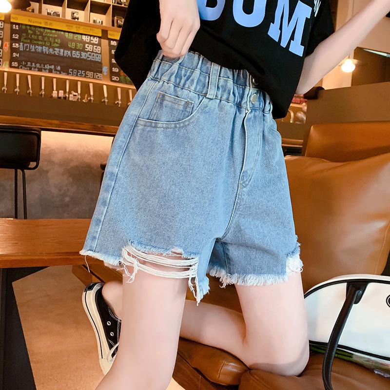 Summer Teen Girls Denim Shorts Clothes Kids Child Elastic Waist Hole Design Shorts Age 5-14 Years Old