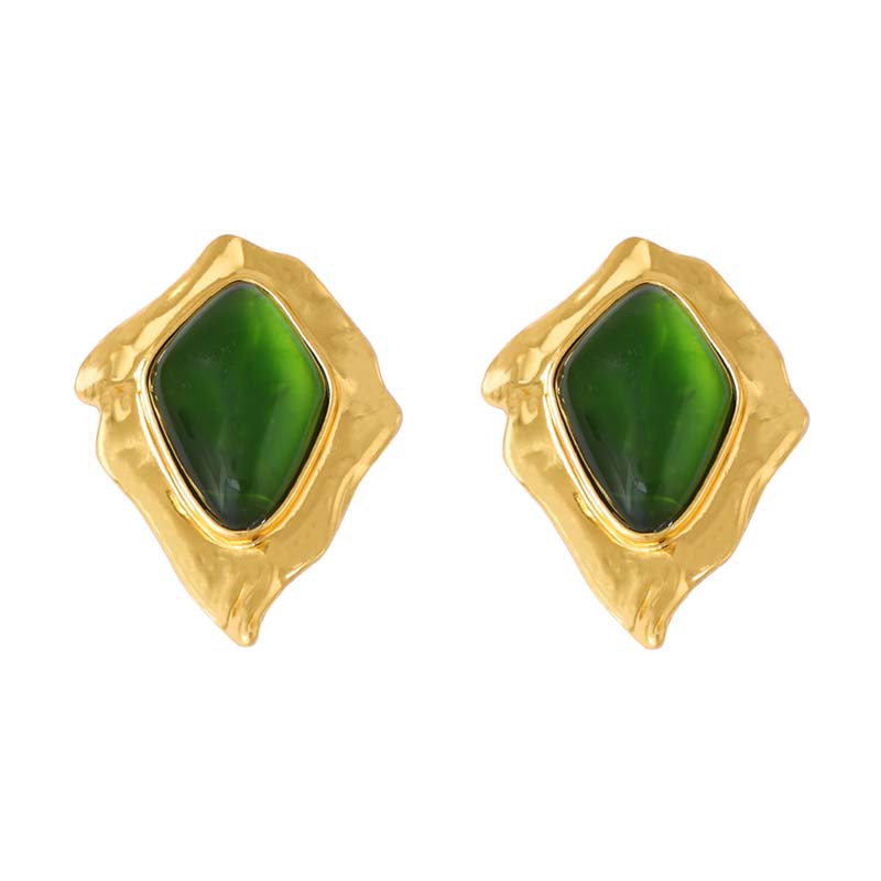 Vintage Red Resin Pleated Stud Earrings For Women Punk Metal Irregular Geometric Leaf Shaped Earrings  Party Zircon Gift