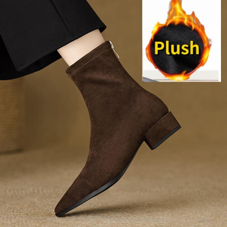 Women's Boots 2025 Winter Fashion Pointed-toe Design Short Boots with Zippers On The Back, Slim Low-heeled Nude Boots