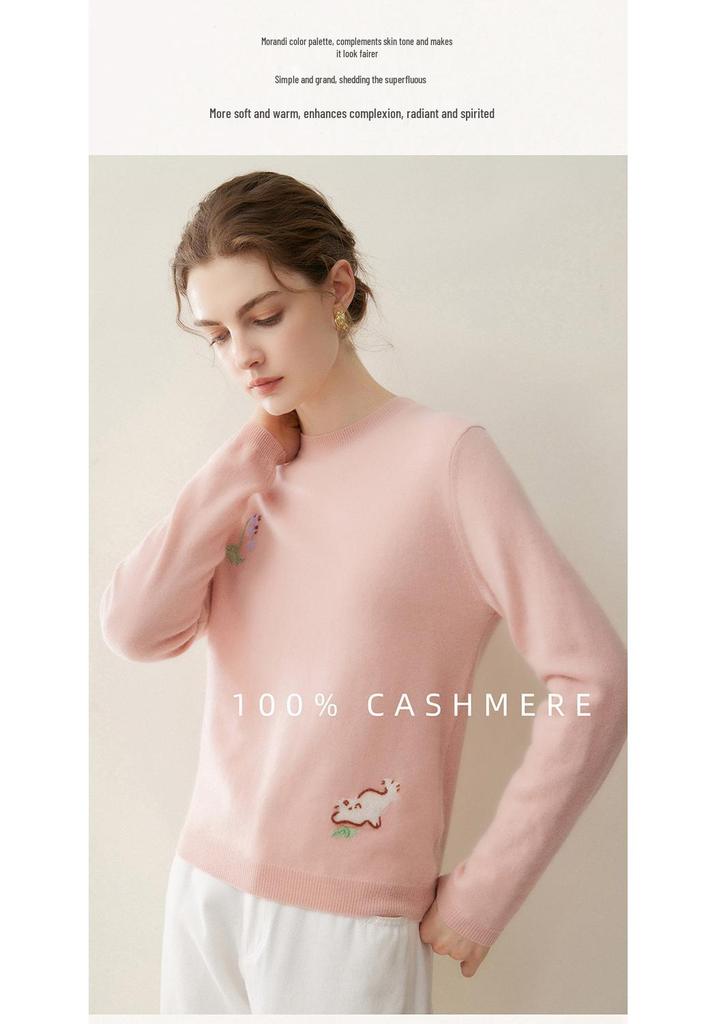 Women's 100% Pure Cashmere Sweater - Autumn/Winter, Versatile Round Neck, Loose Fit, Pink Knit