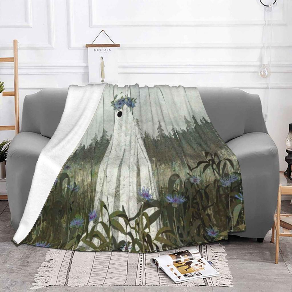 Cornflower Ghost Hot Sale Printing High Qiality Warm Flannel Blanket Ghost Spooky Creepy Cute Haunted Blue Mist Meadow Flowers