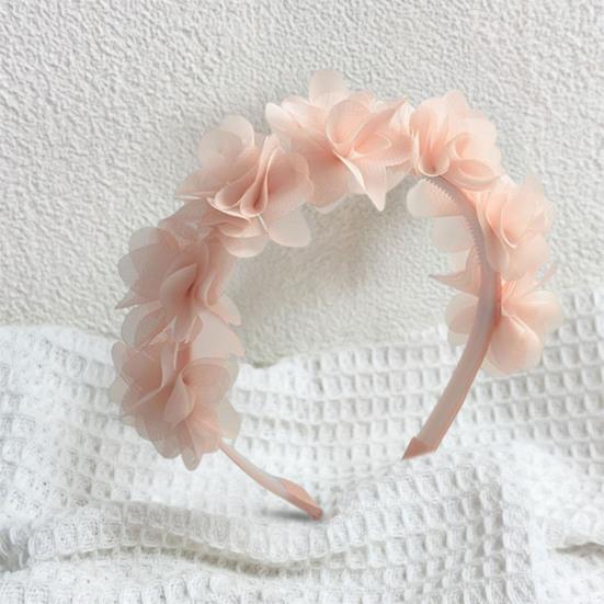 Soft Yarn Headband with Gauze Flowers Faux Pearls Decor Romantic