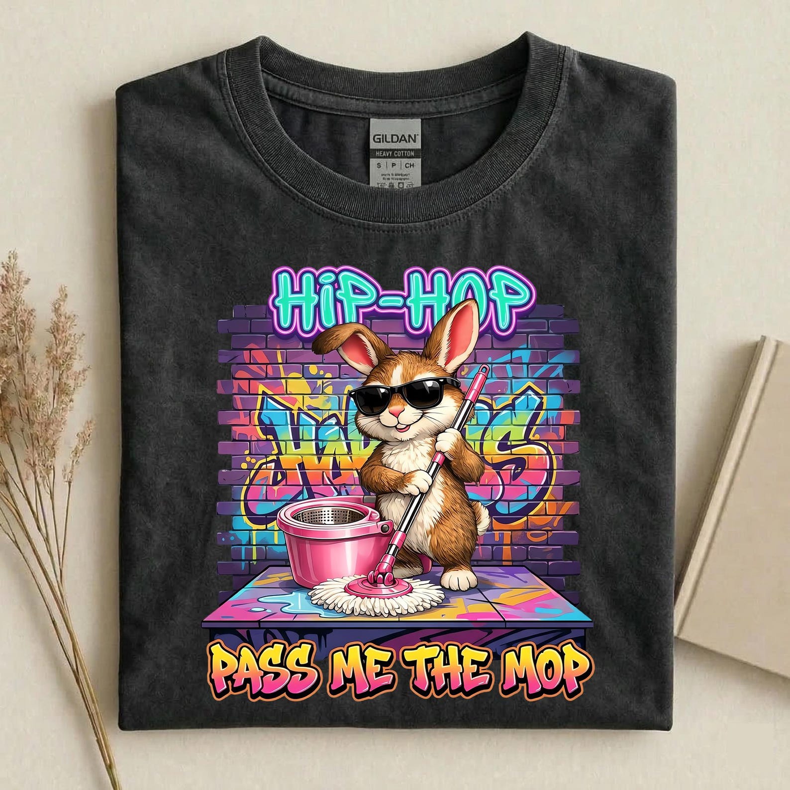 Hip Hop Pass Me The Mop Bunny Shirt, Funny Cleaning Bunny T-Shirt, Rap Bunny Graphic Tee, Cute Hip Hop Easter Shirt L