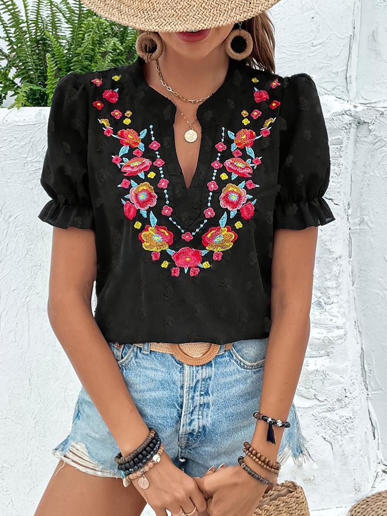 Europäisches und amerikanisches neues floral besticktes Rüschenkanten-Hemd Damen V-Ausschnitt Pullover Top Damen
