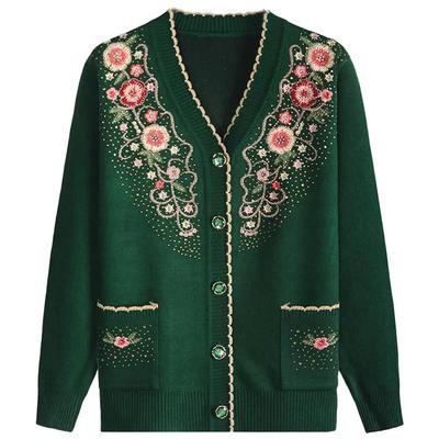 Women's Spring Autumn Casual V-neck Long Sleeve Jacket Female Knitted Sweater Middle-aged and Elderly Elegant Cardigan Jacket