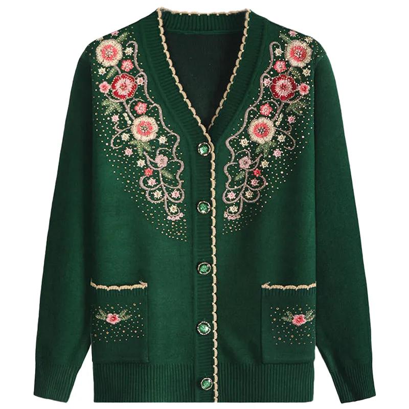 Damen Frühling Herbst Lässig V-Ausschnitt Langarm Jacke Damen Strickpullover Mittelalterlich und Älter Elegant Strickjacke Jacke