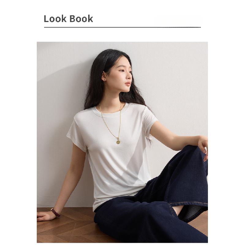 Lyocell women's round-neck t-shirt top, spring/summer 2026 new model, skin-friendly, breathable, slimming, short-sleeved