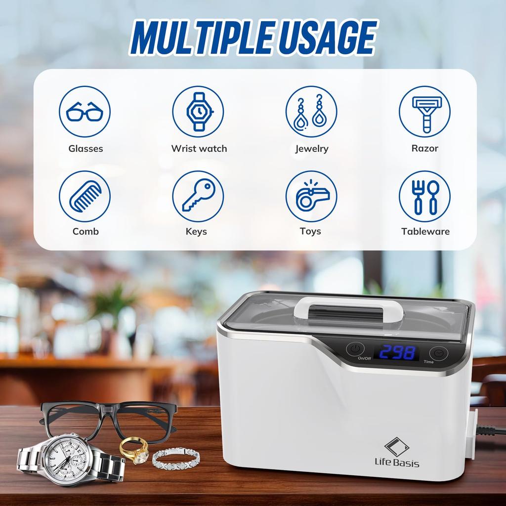 LifeBasis Ultrasonic 600ml Powerful Oscillator for Powerful Improved Desktop Cleaner for Everyday and Precision with Touchscreen CDS-100 Cleaner,