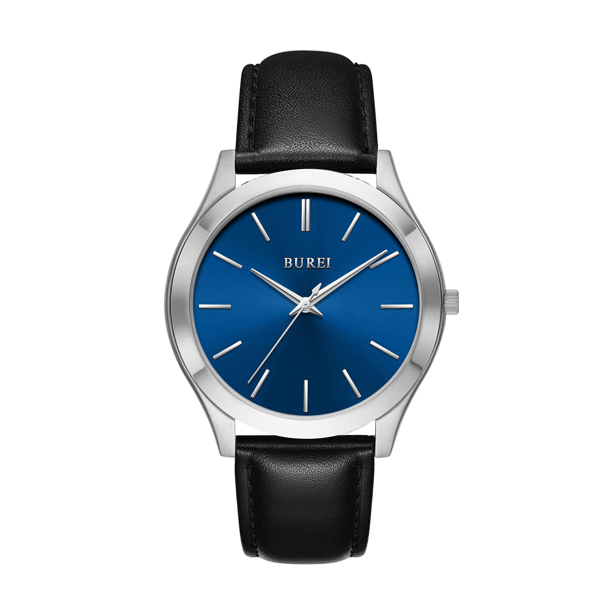 

BUREI Analog Quartz Black Leather Popular Slim Simple and Stylish for Business and Casual Wear Men s Watch, Waterproof, Strap, Watch, (Blue, Leather) синий