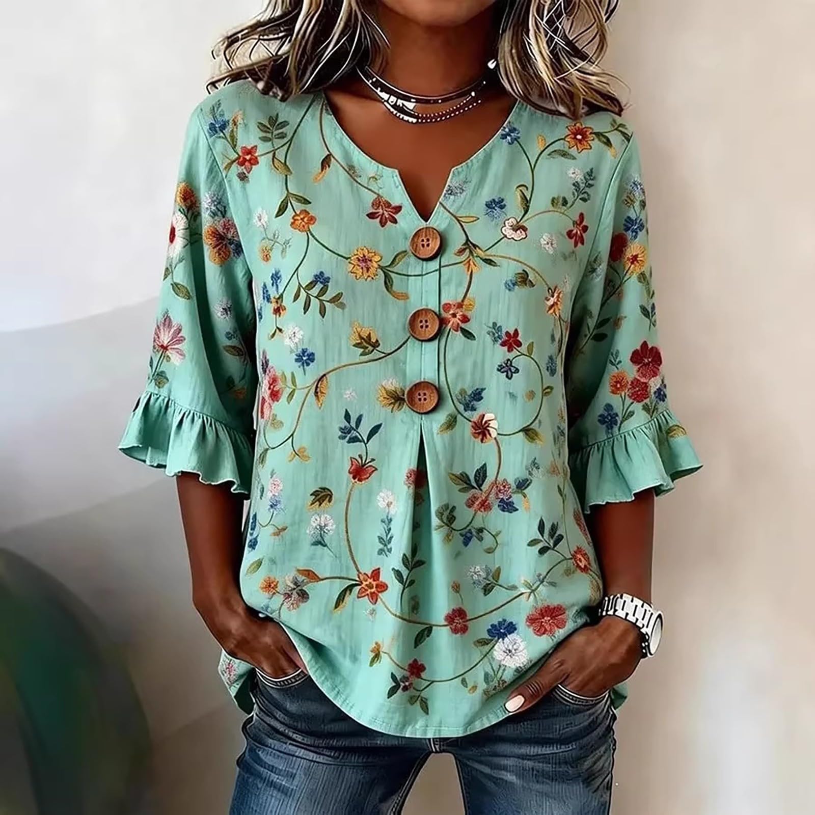 

Women V Neck Floral Print Button Front Loose Fit Blouse Ruffle Sleeve Casual Top for Everyday Wear XL зелёный