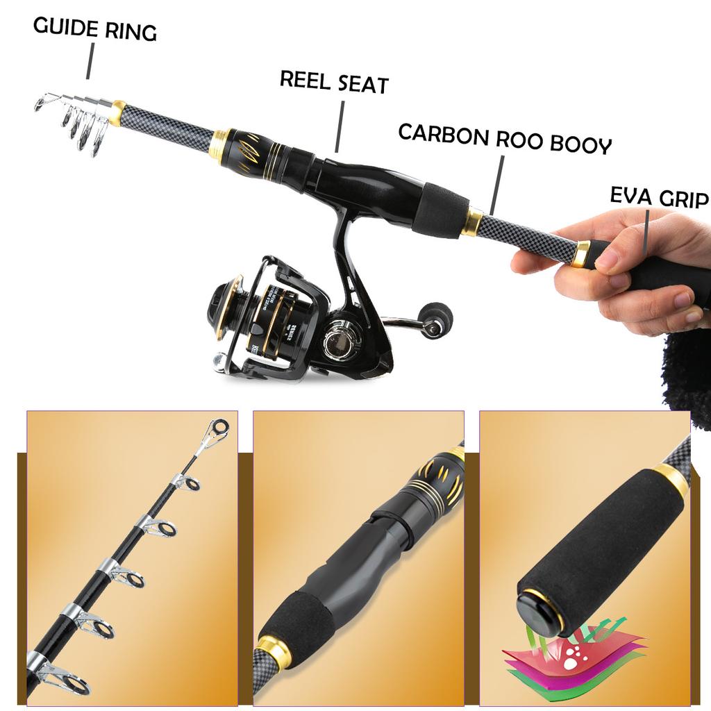 Fiskeredskap Set 5.2:Spinnrulle med 1 utväxling 1,8/2,1m Teleskopiskt fiskespö Paket med betestillbehör för sötvatten och saltvatten