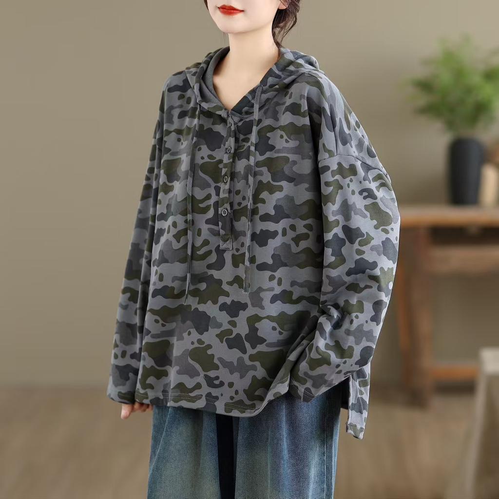 Dimanaf Nuevo 2025 Sudaderas y sudaderas de camuflaje de algodón para mujer Estampado Manga larga Otoño Tops básicos Camiseta Nuevo Jersey