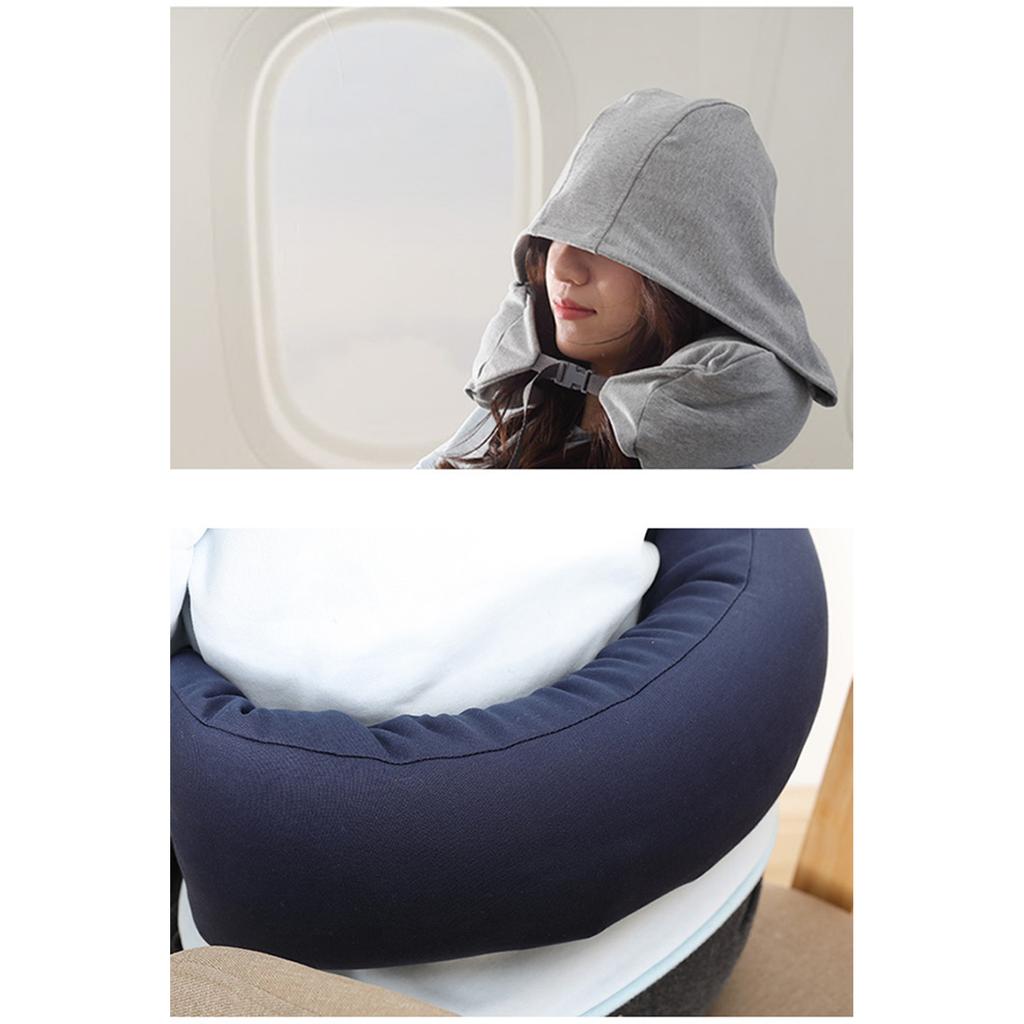Travel Pillow Cotton U-Shape Head Rest Neck Pillow with Hood for Airplane Car Office