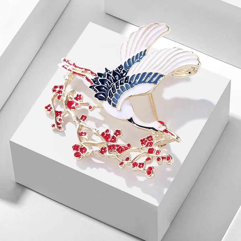 Enamel Flower Crane Brooches For Women Unisex Bird Animal Party Brooch Pins Gift