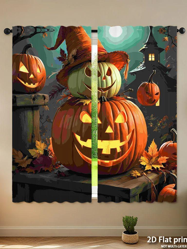 Piece Set High Definition Digital Printed Curtainshalloween Pumpkin Colorful Night Fallen Leaves Dark Backgroundhome Decora Curtain Polyester