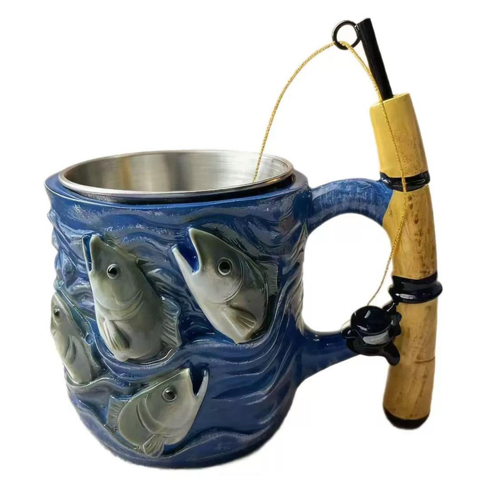 

Funny Fishing Rod Reel Design Cup For Fisherman Ceramic + Stainless Steel Coffee Mug Lightweight & Portable Tea Cup Gift For Dad 1Pcs