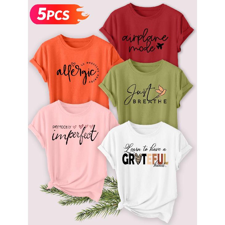 Five-piece set Elegant short-sleeved shirt for women Healing English short-sleeve women's t-shirt with heart leopard print letter combination, round