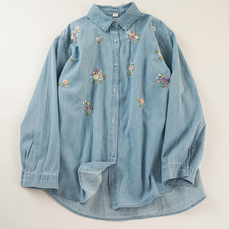 Women's Retro Cartoon Embroidered Cotton Denim Shirt - Long Sleeve, Casual Top for Spring/Autumn 2025