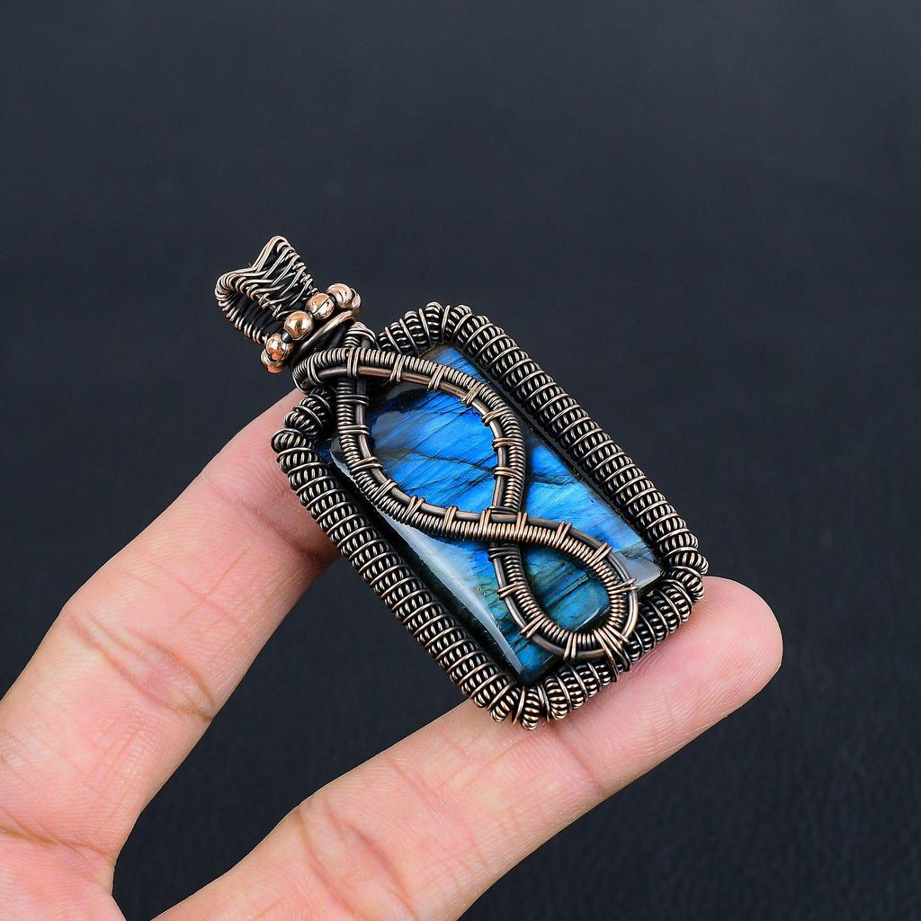 Labradorite Pendant, Handmade Gemstone 999 Copper Wire Wrapped Pendant Antique Jewelry, For Gift Silver Jewelry