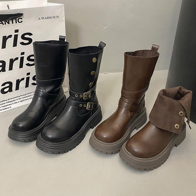 Boots Women's 2025 Autumn and Winter New Two Wear Fold But Knee High Martin Boots British Skinny Motorcycle Boots