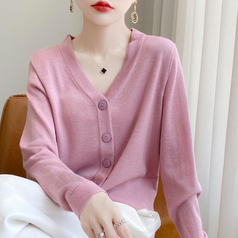 Tricotaj de damă de primăvară și toamnă, scurt, slăbit, cu decolteu în V, de culoare uni, cu cataramă, tricotaj cu mâneci lungi