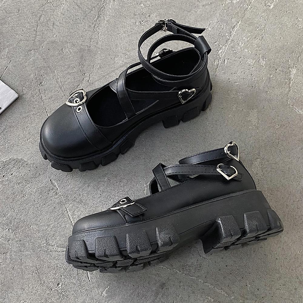Sweet Lolita Shoes Platform Round Head Thick Heel Cross Bandage Women Shoes Kawaii Shoes Cosplay Mary Jane Shoes Heart Buckle S1