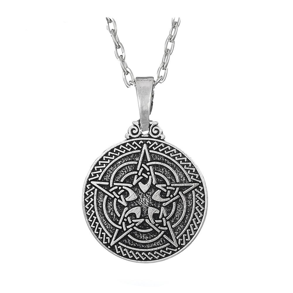 Teamer Wicca Round Necklace Men Norse Viking Runes Tree of Life Seal Pendants Wax Cord Link Chain Men's Necklace Jewelry Gifts