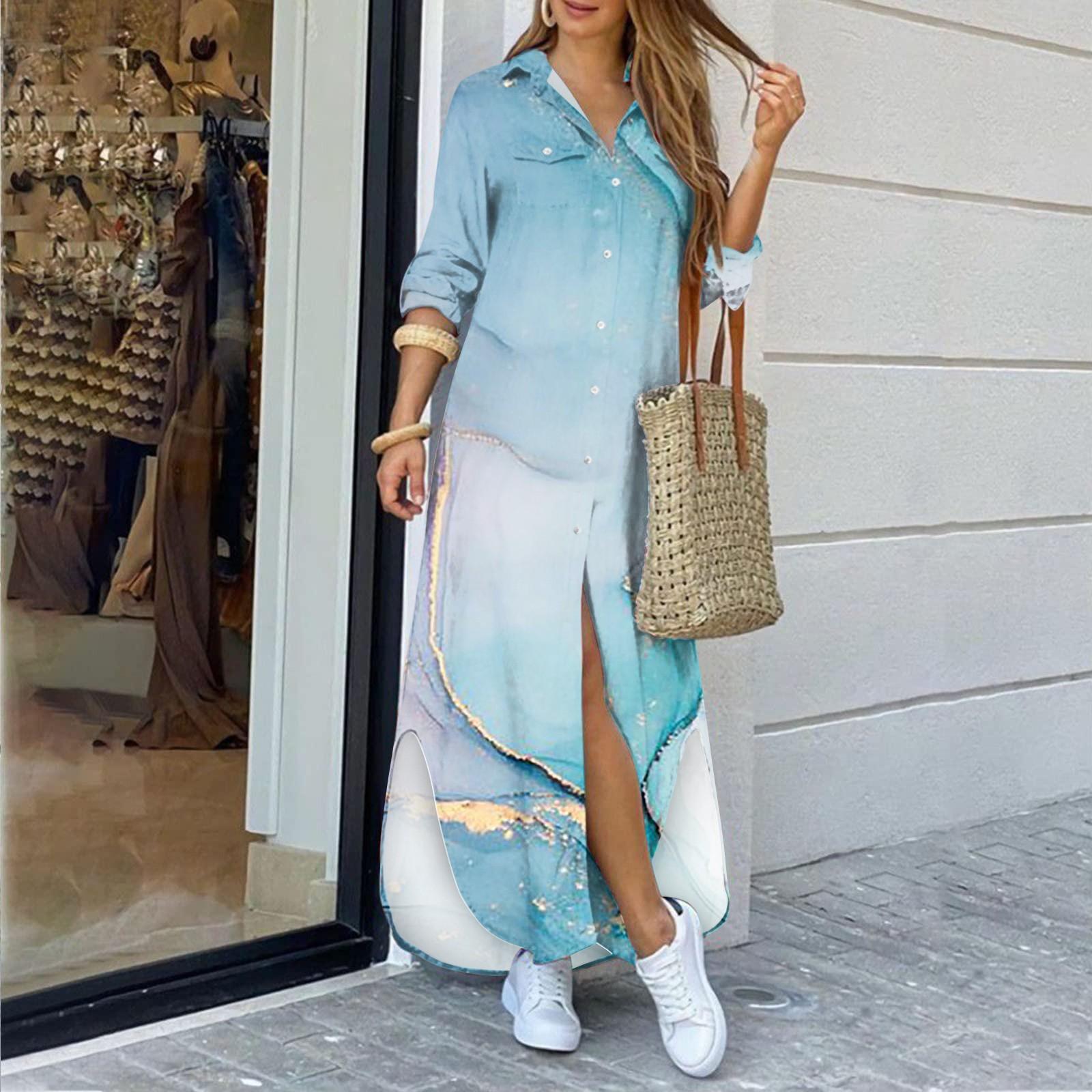 

Платья-рубашки для женщин, сексуальные повседневные блузки с длинными рукавами и принтом, свободные макси-платья с разрезом на пуговицах XXL