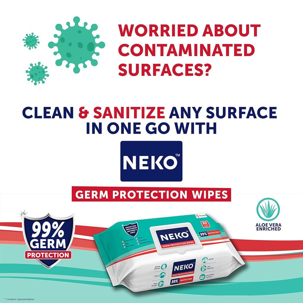 Neko Multi-Purpose Germ Protection Wipes 80 Large Wet Wipes Pack with Aloe Vera for Cleaning Surfaces