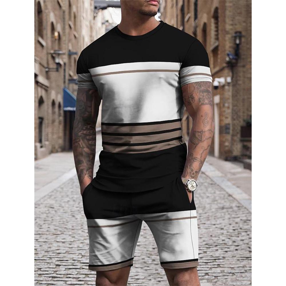 Summer Fashion Stripe 3D Print T-Shirts Shorts Sets Men Tracksuits Oversized Short Sleeve T Shirt Pants Set Clothing