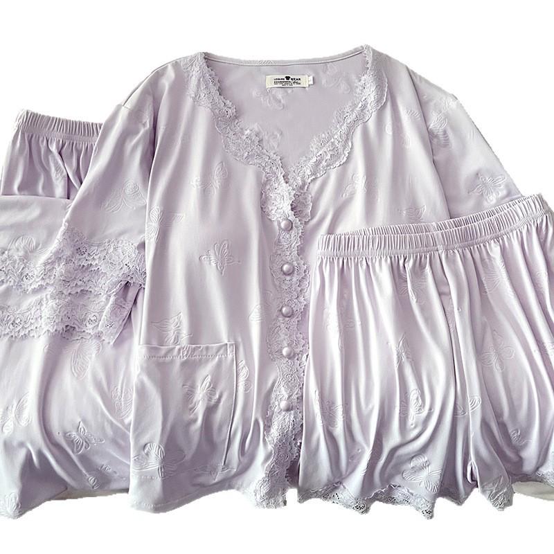 Women's Summer Tencel Cotton Pajama Set with Bra: New 2025 Short Sleeve Three-Piece Loungewear.