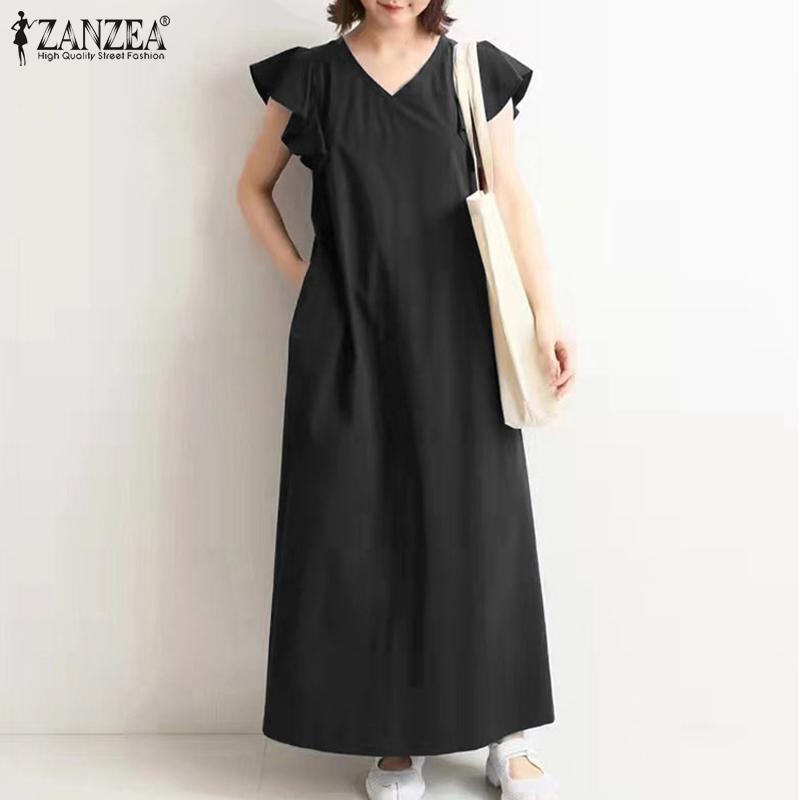 

ZANZEA Летнее повседневное свободное женское длинное платье с круглым вырезом и коротким рукавом