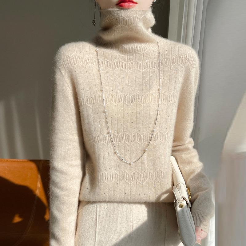 Women's 100% Pure Wool Rhinestone Turtleneck Sweater - Long Sleeve Jacquard Knit