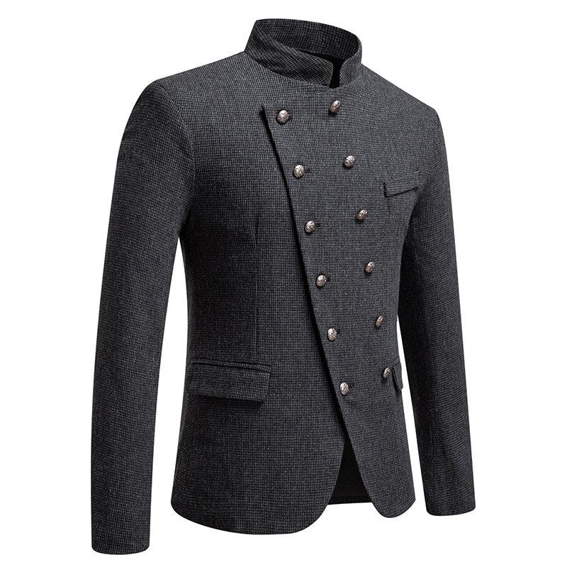 Men's Business Slim Fit Suit Jacket Stand Collar Slanted Placket Blazer Casual Outerwear Men