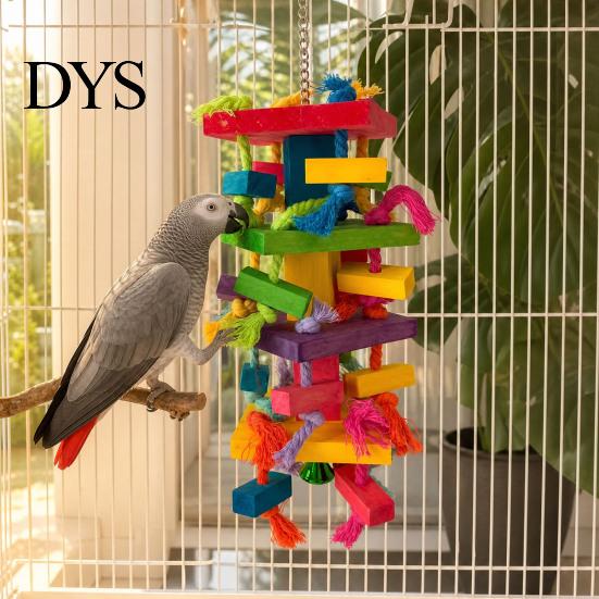 Papageien-Beschäftigungsspielzeug zum Kauen für Aras, Graupapageien, Buntes Holzblock-Puzzle mit Baumwoll-Quasten zum Kauen, Hängende Interaktive Aktivität