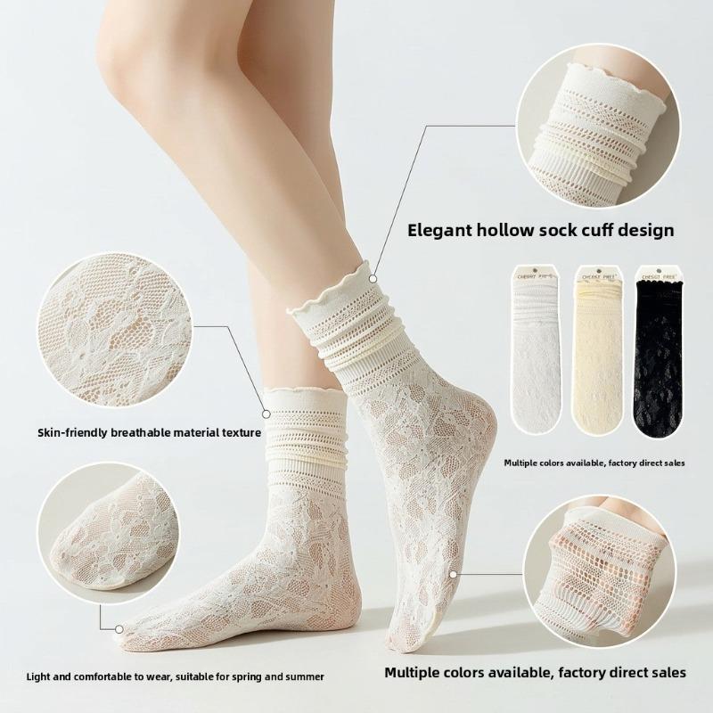 Slim-fit Breathable Plain-color Mid-calf Socks with Cute Lace Trim, Versatile and Durable Women's Socks