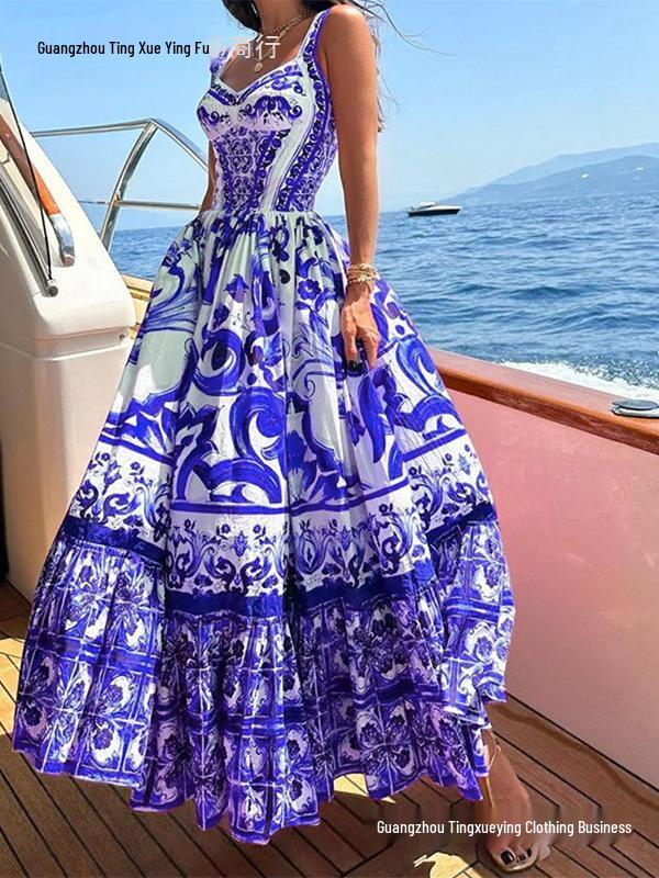 Bohemian Style Mid-Length Floral Print Dress with Elegant Wide Hem