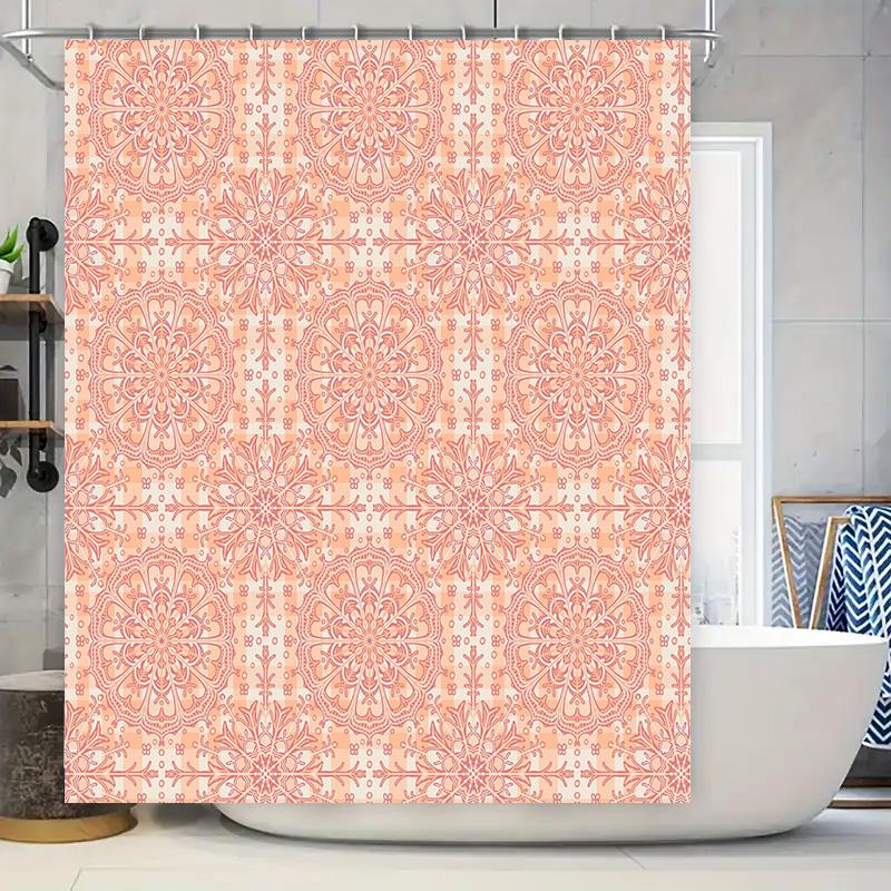 

Vintage Boho Style Floral Mandala Shower Curtain Peach Coral Print Waterproof Bath Rug Cover Decoration For Bathroom Decorations W60H190(CM)-1 Pcs