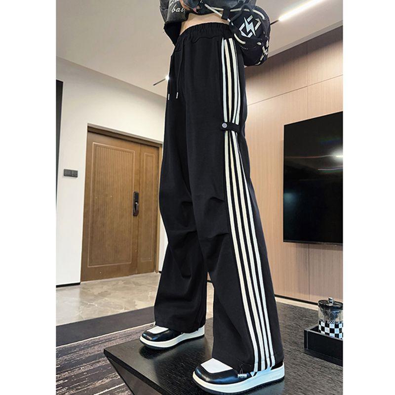 Women Casual Wide Leg Pants Drawstring Elastic Waist Stripe Jogger Pants Hip-Hop Sweatpants With Pocket Button Trousers
