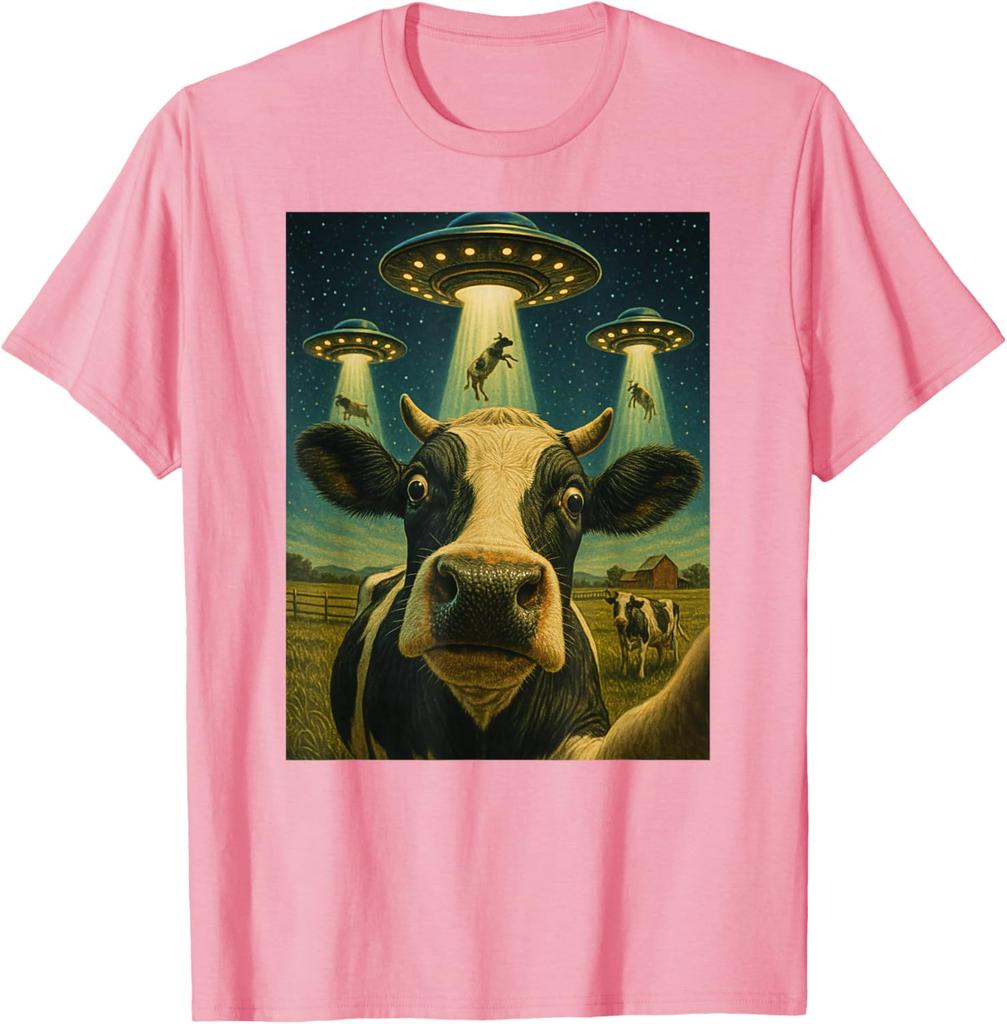 Funny Cow Abduction Selfie UFO Alien Graphic Tee T-Shirt Casual Daily Wear