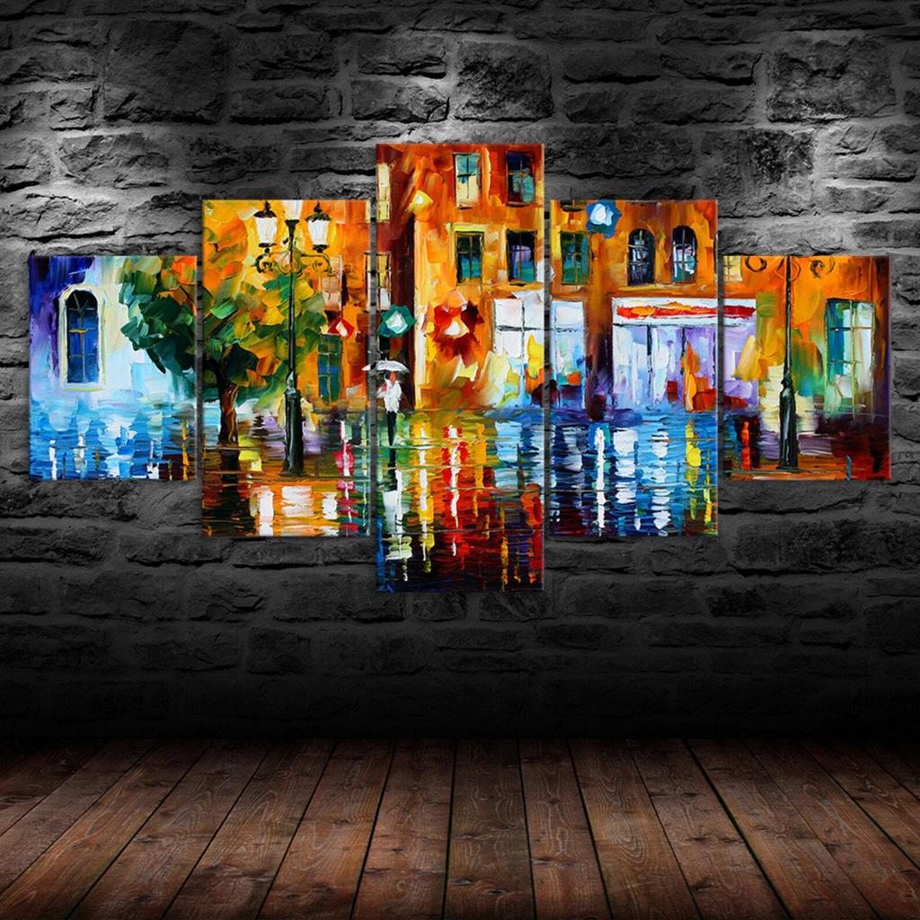 Abstract Rainy Street Night Scenery Painting 5 Piece Five Panel Canvas Print Modern Wall Art Poster Home Decor Gift For Him For Her